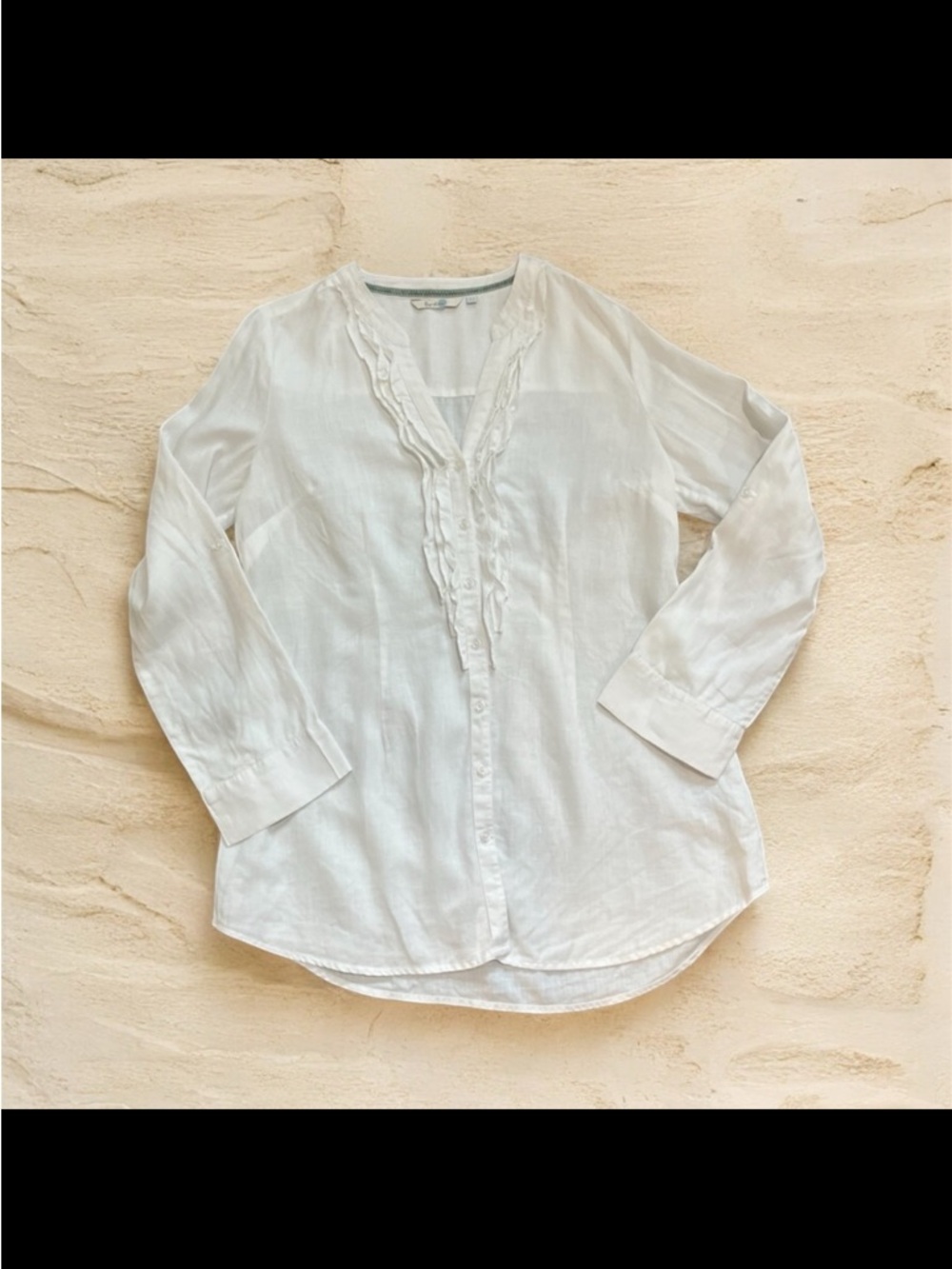 Boden White Linen Ruffle Front Roll-Tab Sleeve Blouse Women’s Size 10